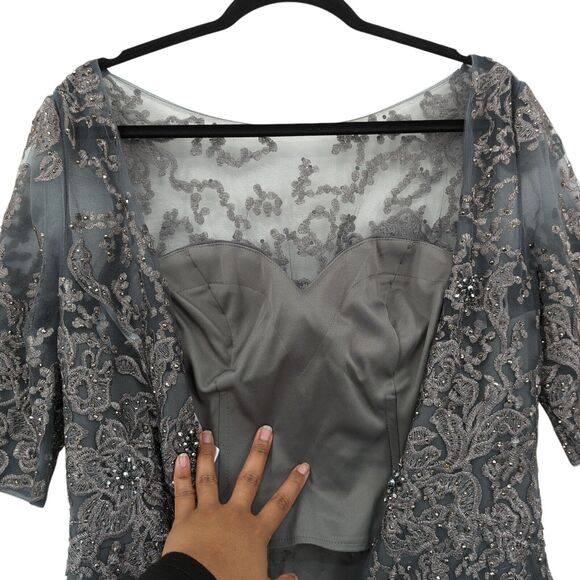 Montage Mon Cheri Women 8 Gown Charcoal Gray 219976 Evening Mother of Bride Lace - Picture 6 of 10